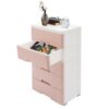 Plastic Storage Cabinet 5 Drawer, 66 lbs Load Capacity Organizer Tower, Pink Vertical Storage Tower for Bedroom Living Room, Rolling Drawer Cart with Pulleys, 17.12x11.42x31.5In