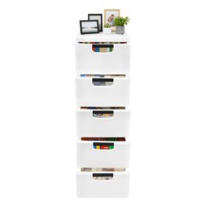 Plastic Storage Drawers, 5 Drawer Stackable Dresser with Wheels for Bedroom Living Room Office, Rolling Narrow Slim Storage Tower - White