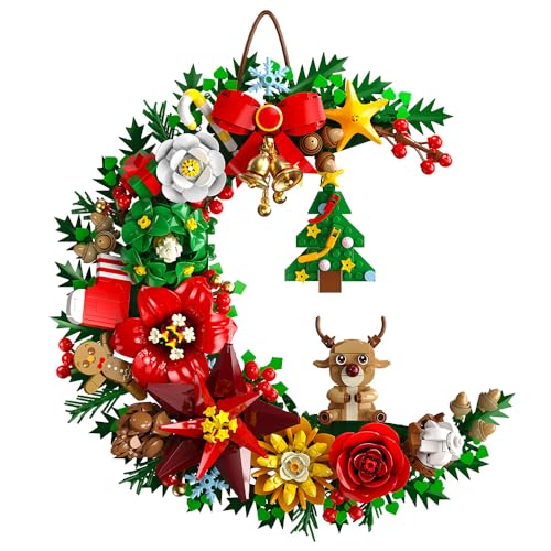 PLAXSOON Christmas Moon Wreath Building Set with Lights, 24 Days Advent Calendar Wall Hanging Ornament with Xmas Tree Flowers, 1052PCS DIY Building Block Home Decor, Gift for Adults Teens Girls 10+