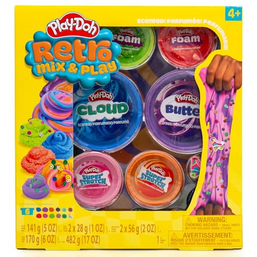 Play-Doh Retro Mix & Play Scented Slime for Kids, 6-Pack Variety, Cloud, Butter, Foam, Super Stretch, (Blue Raspberry, Grape, Watermelon, Orange, Strawberry, Cherry) Popular Toys, Gifts & Party Favors