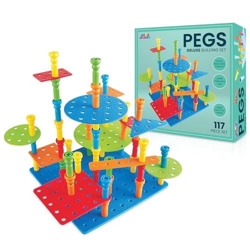 Play Build Kids Peg Board Building Set 117 Pieces - STEM Construction with Colorful Pegs & Shapes, Fine Motor Skills Learning Toy, Montessori Toddler Building Toys for Boys & Girls Age 3+