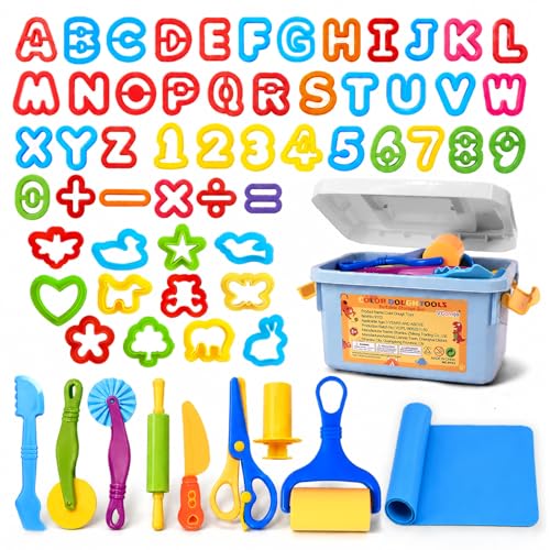 Play Dough Tools 63 PCS, Clay and Dough Tools Set with Storage Box & Silicone Mat, Dough Accessories Including Roller, Alphabet Number & Molds, Animal Cutters, Educational Toys for Boys Girls