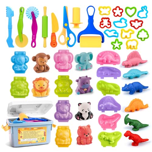 Playdough Tools Set with Storage Box, 33Pcs Color Dough Accessories Including 3D Dinosaur & Animal Molds, Cutters,Rollers, Scissors, Extruder, Learning Toys for Toddlers Creative Play