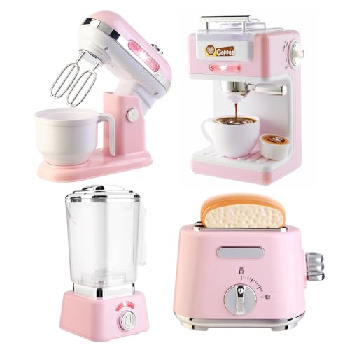 Play Kitchen Accessories, Pretend Play Kitchen Appliances Toy Set with Coffee Maker Machine, Toaster, Mixer, Blender with Realistic Lights & Sounds, Birthday Gifts for Girls Age 3-5 4-8 6-8
