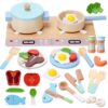 Play Kitchen Accessories, Wooden Play Cooking Set, Pretend Play Kitchen Set for Kids, Including Stove, Cookware Pots and Pans, Cooking Utensils Playset, ​Cutting Food Playset for Girls Boys Toddler