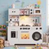 Play Kitchen for Kids, Wooden Kids Play Kitchen Playset Chef Pretend Play Set for Toddlers with Real Lights & Sounds, Toys Kitchen Toy Food & Cookware Accessories