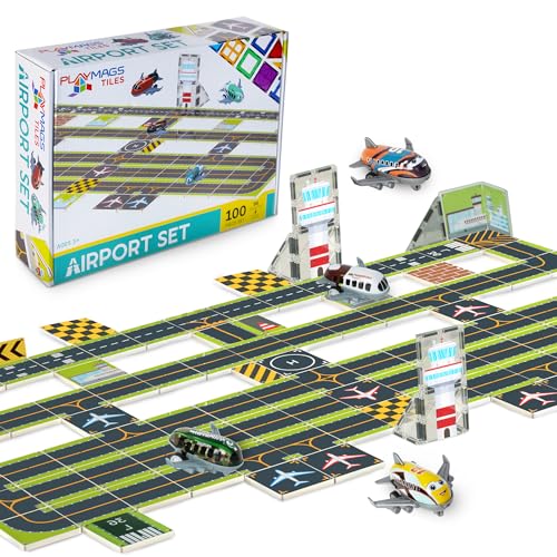 Playmags Airport Set for Kids - 100 Piece Magnetic Building Tiles with 4 Airplanes - Runway Track Playset, Stem Learning Construction Toy - Creative Aviation Set for Boys Girls Toddlers - Ideal Gift
