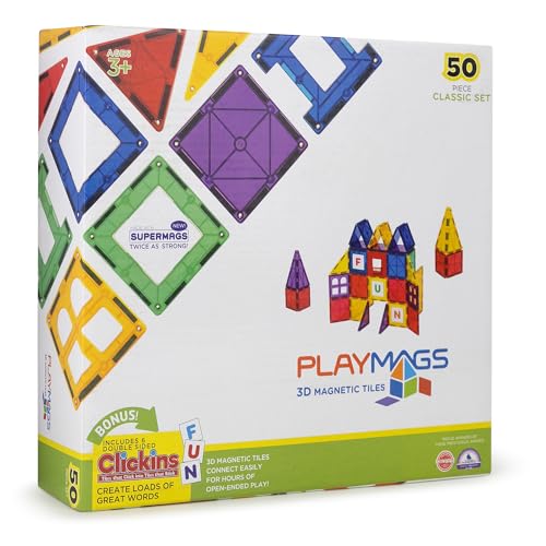 Playmags Magnetic Tiles Building Set 50 Pcs Set with Bonus Click-ins, Super Durable Magnet Blocks, STEM Development Kids Building Toys for Boys Girls & Toddlers