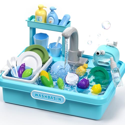 Play Sink with Running Water,Kitchen Play Sink Toys for Boys,Upgraded Real Faucet and Play Dishes,Pretend Role Play Toys for Girls Boys,Birthday Gifts for Kids 3-5,Practice Cleaning
