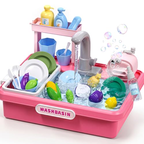 Play Sink with Running Water,Kitchen Play Sink Toys for Boys,Upgraded Real Faucet and Play Dishes,Pretend Role Play Toys for Girls Boys,Birthday Gifts for Kids 3-5,Practice Cleaning,Pink