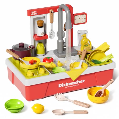 Play Sink with Running Water, Kitchen Sink Toys with Automatic Water Cycle & 135° Rotating Electric Faucet, Pretend Play Kitchen Playset with Stove, Dish Rack & Accessories for Toddlers Boys Girls