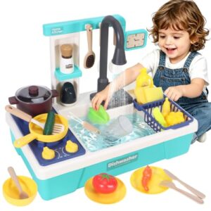 Play Sink with Running Water, Play Kitchen Toys Sink for Kids 3-7 Years Old, Electrical Dishwasher, Color Changing Kitchen Accessories, Dishes Games, Gifts for Toddlers 3-5