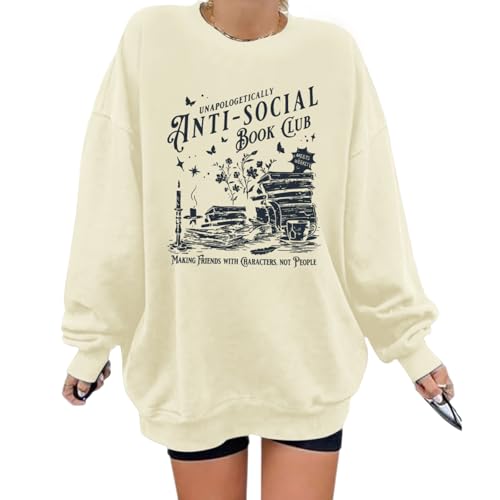 playtravel Anti Social Book Club Sweatshirt Women Teacher Book Sweatshirts Graphic Oversized Funny Pullover Hoodie(Apricot,M)