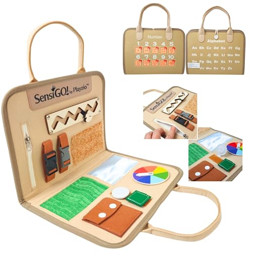 Playzio SensiGO — Premium Felt Busy Board for Toddlers | Aesthetic Earth-Toned 3-in-1 Sensory Toy | Montessori Foldable Travel Activity Board with Unique Wooden Duck Maze, Alphabet & Numbers