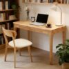 PLEMINE Solid Wood Desk with Drawers, Standing Desk with Smooth Edges, Home Office Desk for Small Spaces, Mid Century Modern Desk for Study, Bedroom, Living Room, Office, (Natural Wood Color)