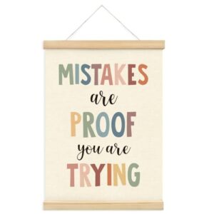 PLKMN Boho Classroom Decor, Mistakes are Proof You are Trying Wall Art with Wooden Poster Hanger, Inspirational Wall Decor for Classroom, Classroom Posters, Classroom Wall Art, 12x16 Inch