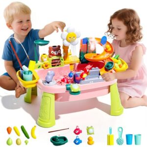 Ploomi 2026 Upgraded Water Table for Toddlers 1-3 - Outdoor Toys for Kids Ages 4-8 with Pump, Summer Outside Sensory Activity Pool Toys, Kitchen Play Sink Toy with Running Water, Fishing Toy, Pink
