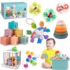 Plunack 6 in 1 Montessori Baby Toys for 6-12 Months — Stacking Blocks & Rings, Pull String, Suction Cup Spinner, Matching Eggs Shape Sorter & Sensory Bin, Infant Developmental Gift Set