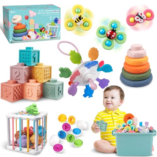 Plunack 6 in 1 Montessori Baby Toys for 6-12 Months — Stacking Blocks & Rings, Pull String, Suction Cup Spinner, Matching Eggs Shape Sorter & Sensory Bin, Infant Developmental Gift Set