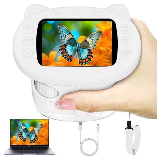 Pocket Kids Microscope, 1000X Handheld Microscope for Kids w/2.4'' Screen, Photo Video Mini Portable Microscopes Science Edu Digiscope, Christmas Birthday Gifts Ideas for Kids Ages 3-12 (White)
