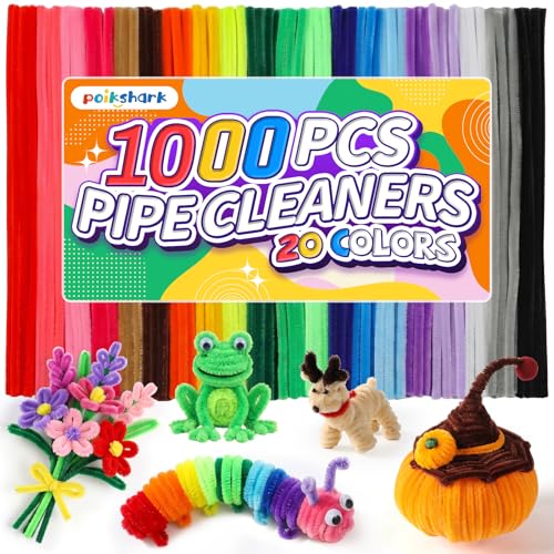 POIKSHARK 1000 PCS 20 Colors Quality Pipe Cleaners Bulk, Thick Pipe Cleaners Craft for DIY Craft Projects, Multicolored Limpia Pipas for Art Supplies & Materials, Rainbow Chenille Stems(12inch*6mm)