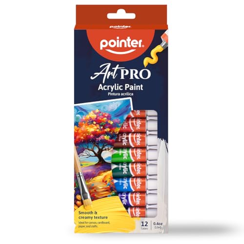 Pointer Art PRO Acrylic Paint Set – 12 Colors in 0.4oz (12ml) Tubes – Smooth & Creamy Texture – Ideal for Canvas, Paper, Cardboard, and Crafts