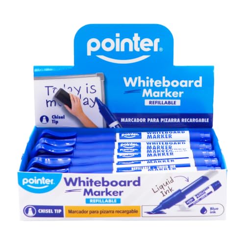 Pointer Refillable Whiteboard Markers Blue Ink – Chisel Tip for Bold & Precise Writing, Low Odor Liquid Ink, Easy Refill Design, Dry Erase Markers for School, Office & Home – 12 Pack