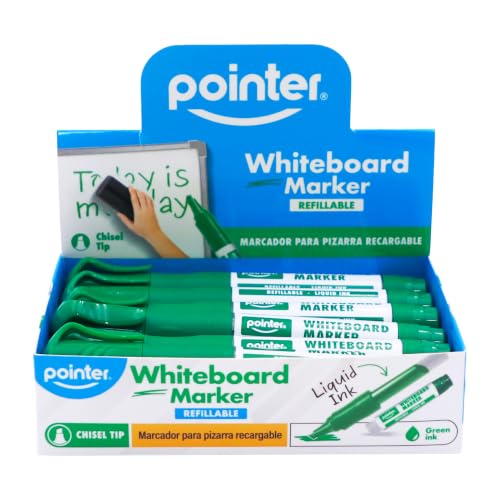 Pointer Refillable Whiteboard Markers Green Ink – Chisel Tip for Bold & Precise Writing, Low Odor Liquid Ink, Easy Refill Design, Dry Erase Markers for School, Office & Home – 12 Pack