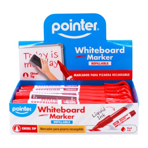 Pointer Refillable Whiteboard Markers Red Ink – Chisel Tip for Bold & Precise Writing, Low Odor Liquid Ink, Easy Refill Design, Dry Erase Markers for School, Office & Home – 12 Pack