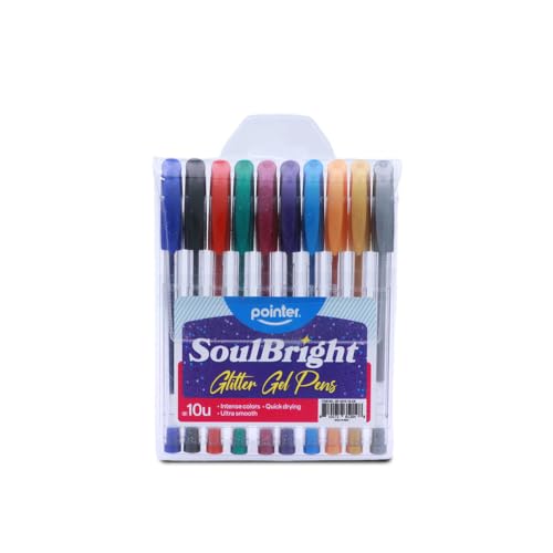 Pointer SoulBright Glitter Gel Pens – 10 Color Set Smooth Writing, Quick-Dry Glitter Ink for Coloring, Journaling & Drawing, Back to School Supplies, Art Pens for Kids Teens & Adults