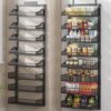 POKIPO 8-Tier Over the Door Pantry Organizer, Large Metal Door Spice Rack with Adjustable Basket, 2 in 1 Wall Mount or Hanging Heavy-Duty Pantry Door Storage Shelf for Kitchen and Bathroom, Black