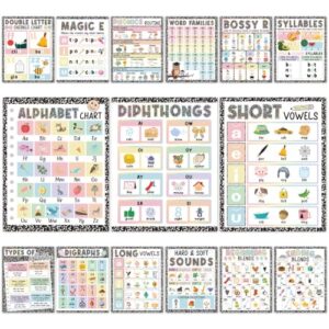 Poola Voidra 15 Pieces Phonics Posters Classroom Must Haves Composition Pastel Sound Bulletin Board Set Syllable Vowels Digraphs Blends Learning Charts for Elementary Teacher Wall Supplies
