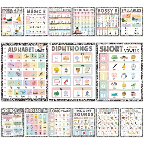 Poola Voidra 15 Pieces Phonics Posters Classroom Must Haves Composition Pastel Sound Bulletin Board Set Syllable Vowels Digraphs Blends Learning Charts for Elementary Teacher Wall Supplies