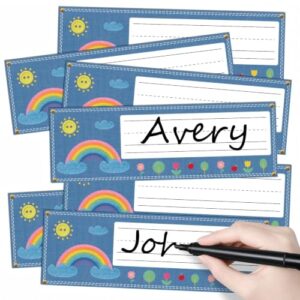 Poola Voidra 25 Pcs Cool Desk Name Tags for Classroom 9x3 Inchs Rainbow Denim Student Desk Nametags Back to School Classroom Decor Cubby Labels Teacher Supplies for Kindergarten Preschool Decoration