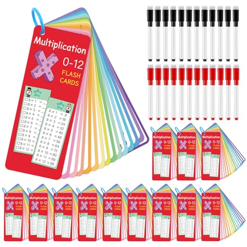 Poola Voidra 60 Pcs Multiplication Flash Cards Set 12 Packs Multiplication Flash Cards Times Table Chart with 24 Rings and 24 Dry Erase Pens for 1st to 3rd Grades Fun Learning with Math Game