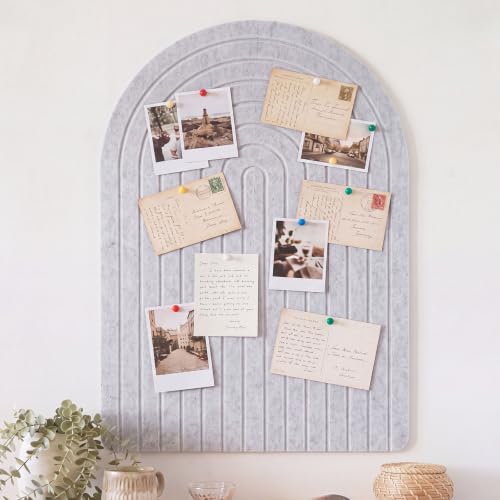 Poola Voidra Large Arched Felt Bulletin Board 35" x 24" Felt Pin Cork Board Alternative No Drill Frameless Wall Tiles with 30 Gold Pins for Office Home Wall Decor Art Photo (Gray)