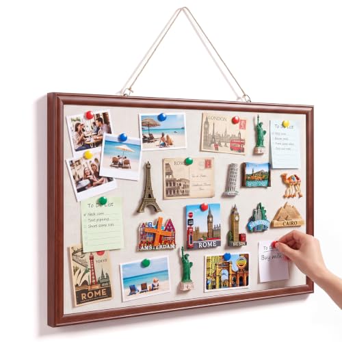 Poola Voidra Magnetic Linen Bulletin Board Wooden Frame Magnetic Board for Wall Farmhouse Hanging Metal Bulletin for Display Magnetical Letter Refrigerator Photo Number Note(30 x 20 Inch,Wood Color)
