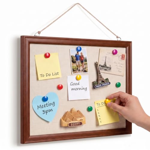 Poola Voidra Magnetic Linen Bulletin Board Wooden Frame Magnetic Board for Wall Farmhouse Hanging Metal Bulletin for Display Magnetical Letter Refrigerator Photo Number Note (14 x 10 Inch,Wood Color)