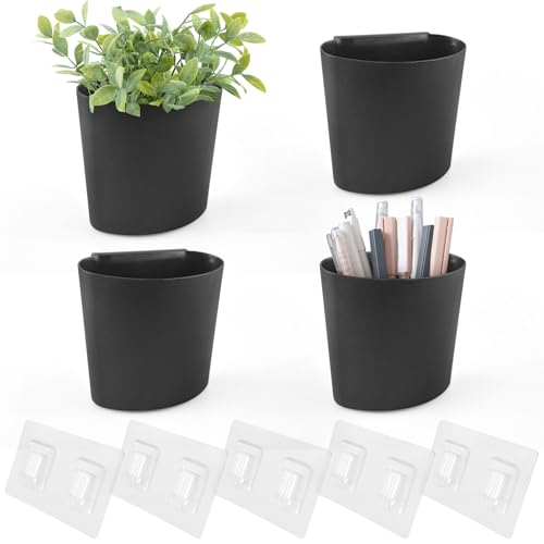 POPU BERRY 4 Pack Wall Caddy Pen Holders, Pencil Cups Organizer for Marker/Remote/Crayon/White Board, with Adhesive Stickers, Office Craft Class Kids Room Art Rolling Cart Hanging Cups (Black)