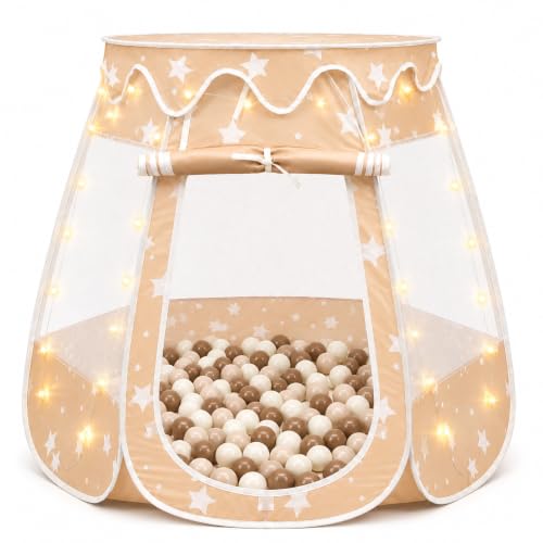 Pop Up Princess Tent with Star Lights for 1 2 3 Year Old Girl Birthday Gifts, Ball Pit for 12-18 Months Baby Girl Toys, Toddler Gifts with Carrying Bag, Indoor&Outdoor Play Tent for Kids (Brown)