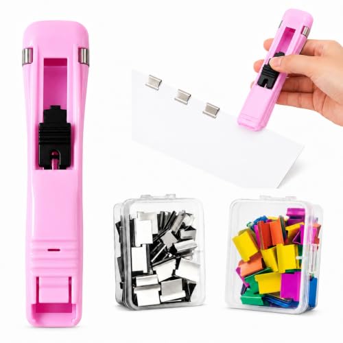 Portable Binder Clip Stapler, Reusable Portable Paper Clam Clip Dispenser with 100 Metal Refill Clips, 50 Silver and 50 Color Clips for Home, School, Desk and Office Use (Pink-1Pcs)