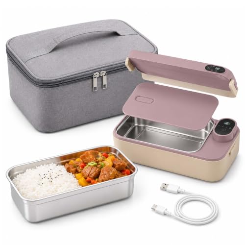 Portable Electric Lunch Box with Self-Heating,900MLCordless Electric Lunch Box for Adults,Portable Cordless Food Warmer with 304 Stainless Steel Digital Display,Timer & Multi-Temp Settings (Pink 1.0)