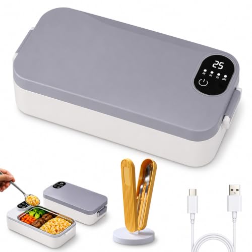 Portable Electric Lunch Box with Self-Heating, 900ML Rechargeable Stainless Steel Food Warmer, Temperature Display, Leakproof for Work, Office, Travel (Grey, Rechargeable Model)