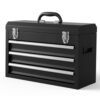 Portable Metal Tool Box, 3 Drawer Steel Tool Box with Top Storage Tray and carrying Handle, Multi-Function Tool Storage with Anti-slip Liner for Garage, Home, or Workbench (Black)