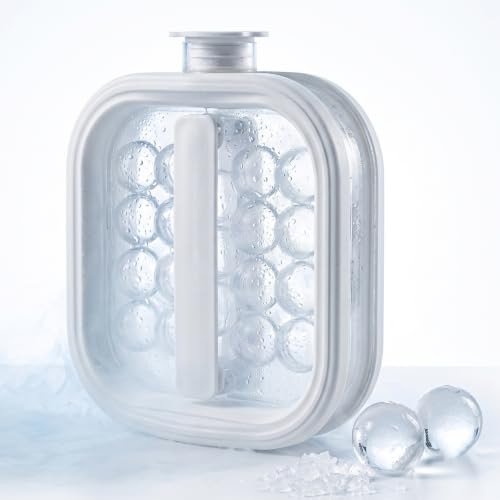 Portable Silicone Ice Ball Maker Kettle, 2-In-1 Flat Collapsible Sphere Cube Mold & Drink Flask with Lid, Spherical Storage Cup, Kitchen Popsicle Gadget for Home & Travel, 17/19 Grid (White 19 Grid)