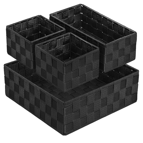 Posprica Small Black Baskets Cube Bin Container Tote,Woven Storage Baskets for Organizing Organizer Divider for Drawer, Closet, Shelf, Dresser, Set of 4