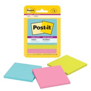 Post-it Super Sticky Notes, 3 Sticky Note Pads, 3 x 3 in., School Supplies, Office Products, Sticky Notes for Vertical Surfaces, Monitors, Walls and Windows, Supernova Neons Collection