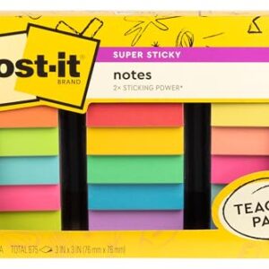 Post-it Super Sticky Notes Teacher Pack, Assorted Colors, 3 in. x 3 in., 15 Pads, 45 Sheets/Pad (654-15SSBTS-SR)