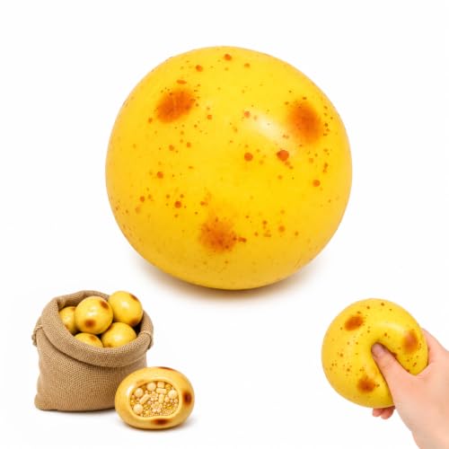 Potato Squishy Handmade, Crunchy Potato Squishy Stress Ball with Bead Filling, Realistic Food Sensory Toy, Shapeable Squeeze Toy for Stress Relief, Soft TPR Fidget Toy for Adults (1, Golden, 2 inch)