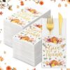 Potchen 100 Linen Feel Napkins Disposable Cloth Like Napkins Prefolded Hand Towel with Built-in Flatware Pocket Cocktail Hand Towel for Wedding Bridal Shower Supplies(100 Pcs,Thanksgiving Pumpkins)